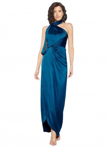 Cheapest High Halter Neck Formal Silky Satin Bridesmaid Dress / Prom Dress with Sash Overlay and Side Split UK