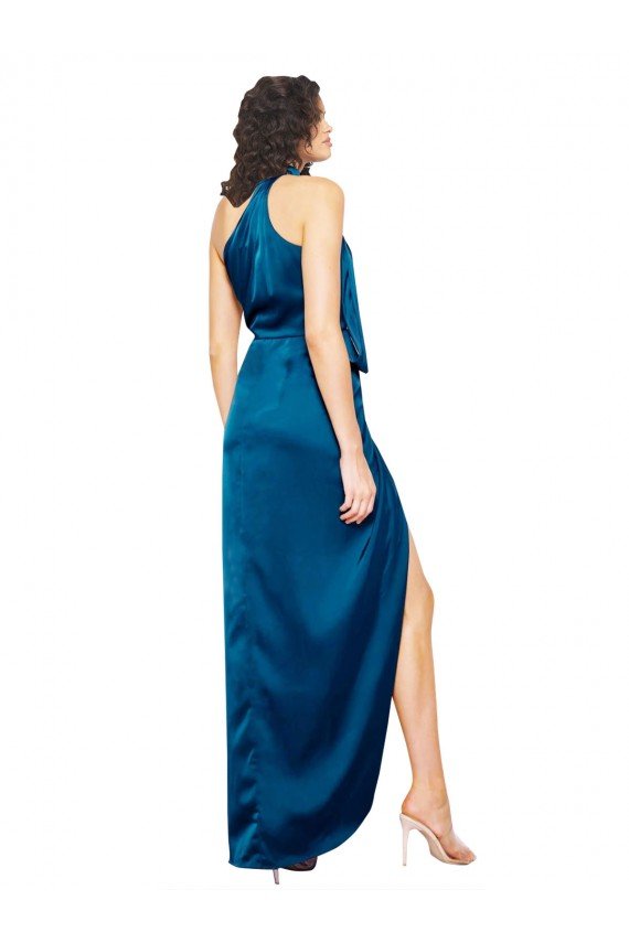 Cheapest High Halter Neck Formal Silky Satin Bridesmaid Dress / Prom Dress with Sash Overlay and Side Split UK