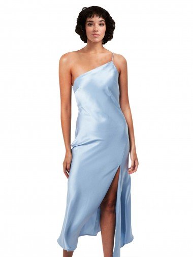 Cheapest Midi Length Short Formal Silky Satin Bridesmaid Dress / Cocktail Prom Dress with Asymmetric Neckline and High Side Split UK