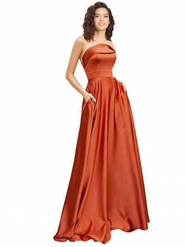 Cheapest Strapless Sweep Train Formal Silky Satin Bridesmaid Dress / Prom Dress with Pleats UK