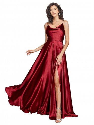 Cheapest Cowl Neckline Long Formal Silky Satin Bridesmaid Dress / Prom Dress with Spaghetti Straps UK