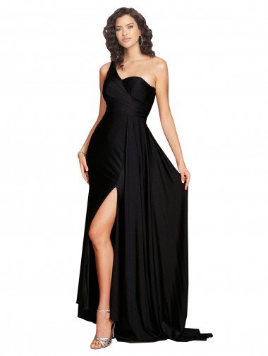 Cheapest Floor Length One Shoulder Formal Silky Satin Bridesmaid Dress / Prom Dress with Side Slit UK