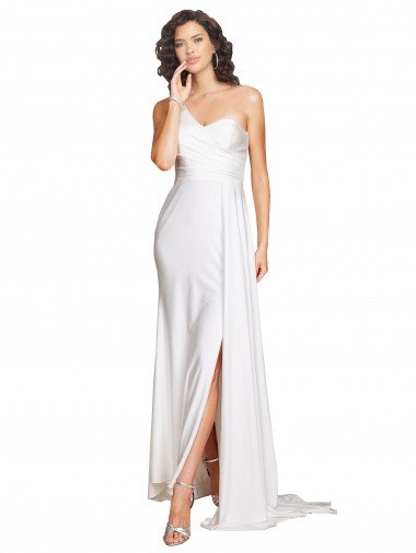 Cheapest One Shoulder Floor Length Silky Satin Wedding Dress with Side Slit UK