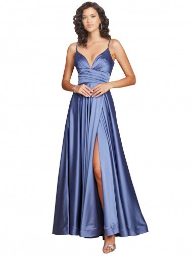 Cheapest Deep V-Neck Sweetheart Long Formal Silky Satin Bridesmaid Dress / Prom Dress with Thigh High Slit UK