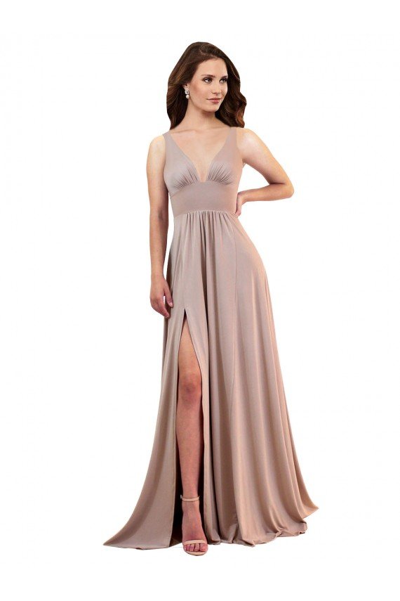 Cheapest Long A-Line Plunge V-Neckline Formal Spandex Bridesmaid Dress / Prom Dress with Slit UK