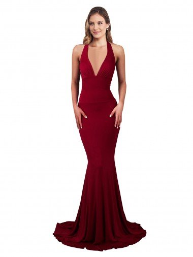 Cheapest Halter Mermaid Plunge V-Neckline Open Back Bow Tie Formal Spandex Bridesmaid Dress / Prom Dress UK