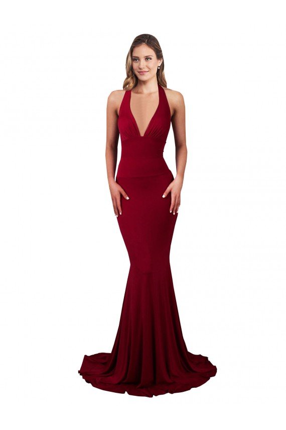 Cheapest Halter Mermaid Plunge V-Neckline Open Back Bow Tie Formal Spandex Bridesmaid Dress / Prom Dress UK