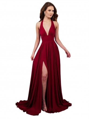 Cheapest A-Line Halter Plunge V-Neckline Open Back Formal Spandex Bridesmaid Dress / Prom Dress with Slit UK