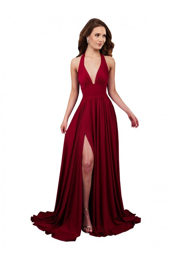 Cheapest A-Line Halter Plunge V-Neckline Open Back Formal Spandex Bridesmaid Dress / Prom Dress with Slit UK