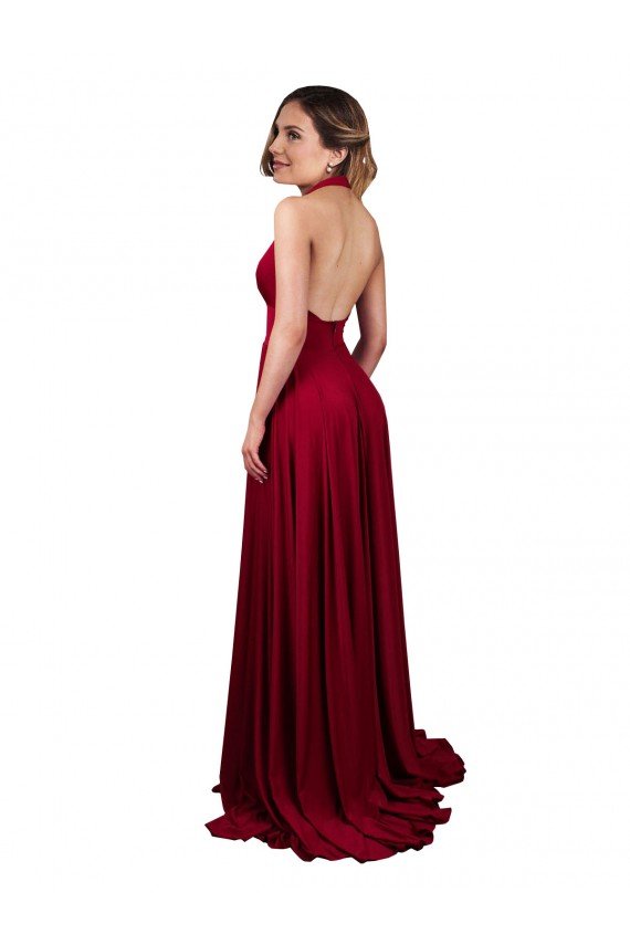 Cheapest A-Line Halter Plunge V-Neckline Open Back Formal Spandex Bridesmaid Dress / Prom Dress with Slit UK