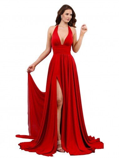 Cheapest High Slit A-Line Halter Long Formal Spandex Bridesmaid Dress / Prom Dress Open Back UK