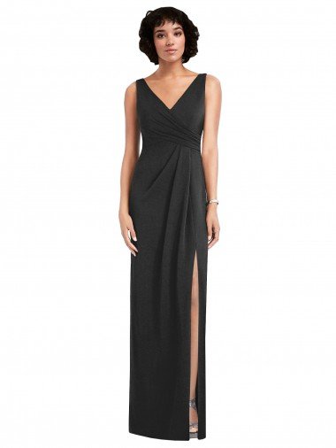 Cheapest Draped Wrap Formal Maxi Spandex Bridesmaid Dress / Prom Dress with Front Slit UK