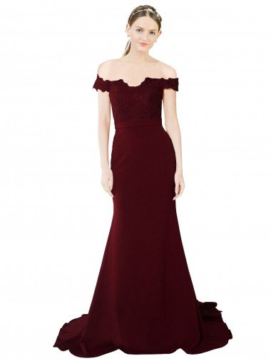 Cheapest Full Length Off the Shoulder Formal Crepe Bridesmaid Dress / Prom Dress with Lace On Bodice and Back UK