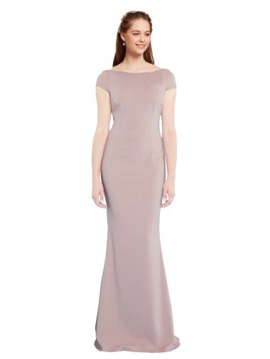 Cheapest Boat Neck Cap Sleeve Formal Crepe Bridesmaid Dress / Prom Dress with Plunging Tie Back UK