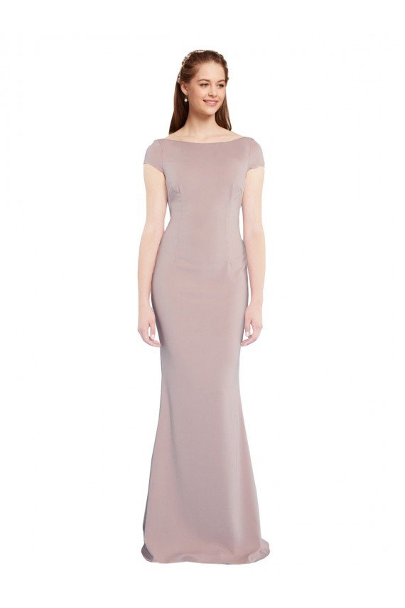 Cheapest Boat Neck Cap Sleeve Formal Crepe Bridesmaid Dress / Prom Dress with Plunging Tie Back UK