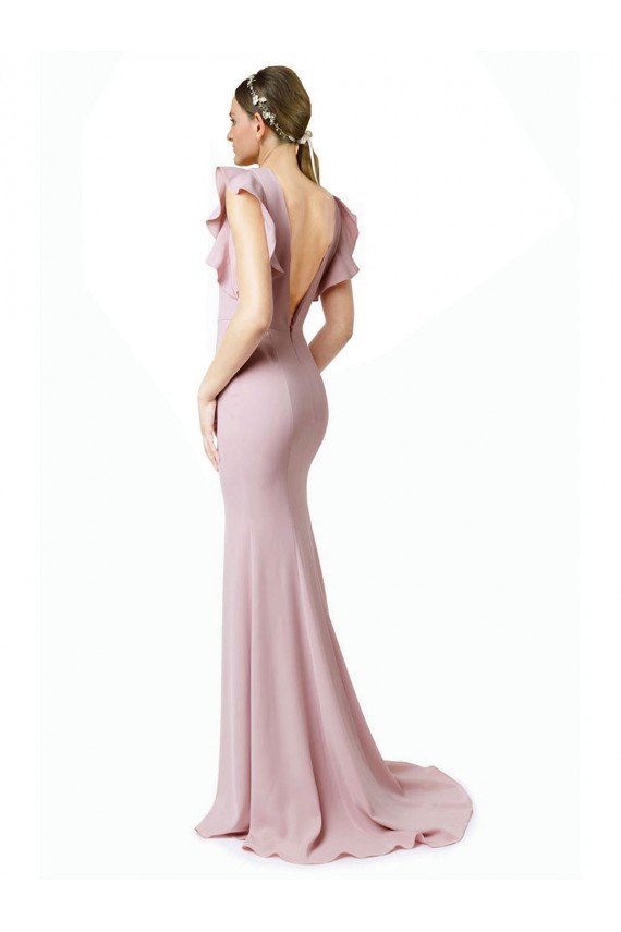 Cheapest Low V-Back Long Mermaid Crepe Bridesmaid Dress / Prom Dress with Ruffled Sleeves UK