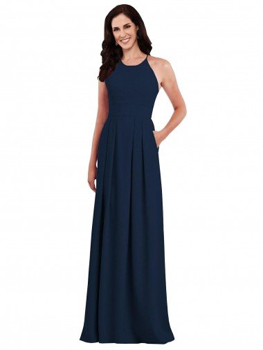 Cheapest Criss Cross Back Crepe Halter Bridesmaid Dress with Pockets UK