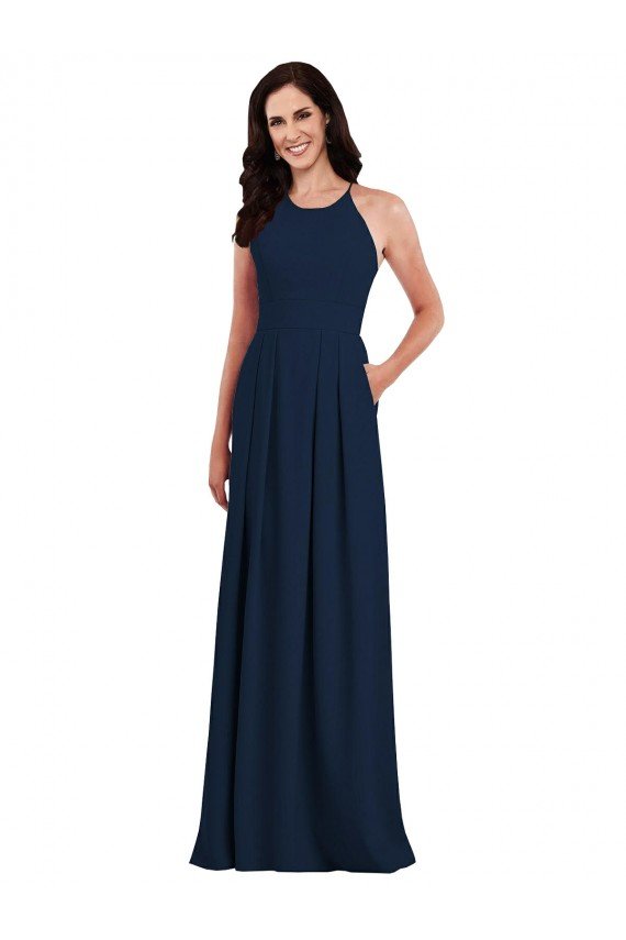 Cheapest Criss Cross Back Crepe Halter Bridesmaid Dress with Pockets UK