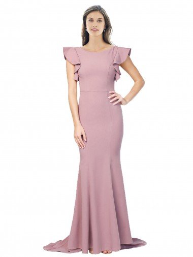 Cheapest Flutter Sleeves Low V-Back High Round Neck Formal Crepe Bridesmaid Dress / Prom Dress UK