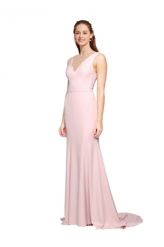 Cheapest Deep V-Neckline and Back Long Sweep Train Crepe Bridesmaid Dress / Prom Dress with Shoulder Straps UK