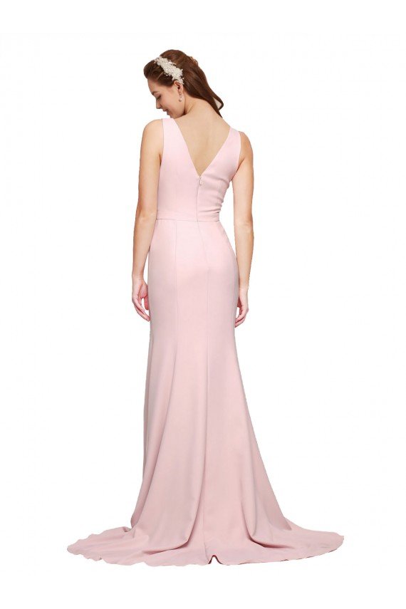 Cheapest Deep V-Neckline and Back Long Sweep Train Crepe Bridesmaid Dress / Prom Dress with Shoulder Straps UK