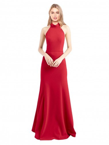 Cheapest Sleek Fit and Flare High Neck Halter Stretch Formal Crepe Bridesmaid Dress / Prom Dress with Open Back UK