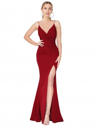 Cheapest Spaghetti Straps V-Neck Long Formal Crepe Dress with High Slit UK