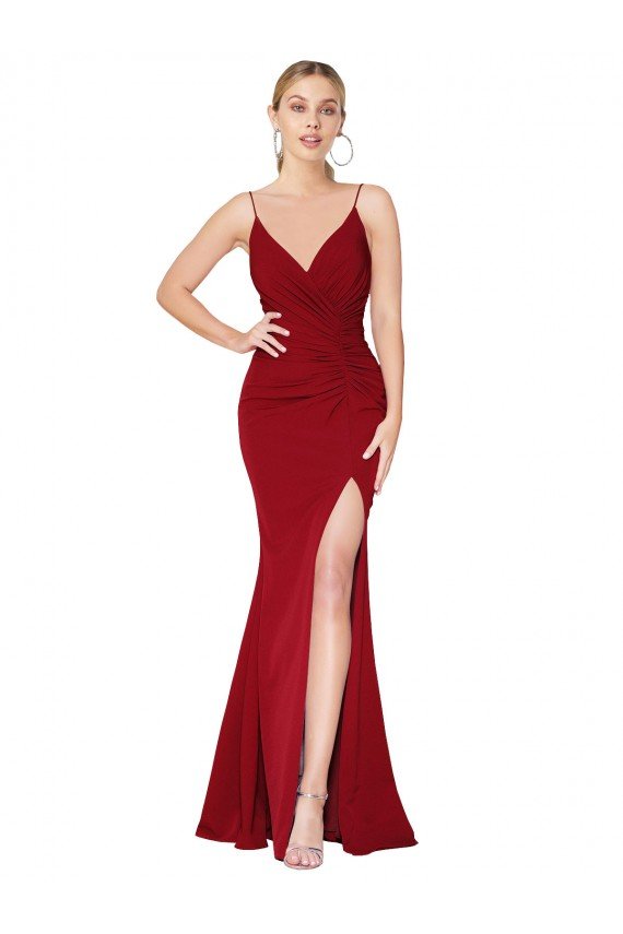 Cheapest Spaghetti Straps V-Neck Long Formal Crepe Dress with High Slit UK