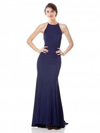 Cheapest High Neck Fishtail Formal Crepe Bridesmaid Dress / Prom Dress with Open Back Detail UK