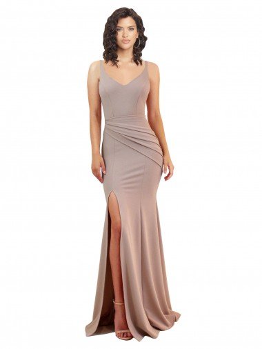 Cheapest Fishtail Shape V-Neck Formal Crepe Bridesmaid Dress / Prom Dress with Slit UK