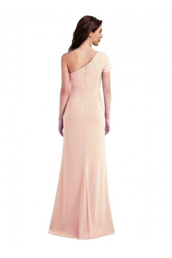 Cheapest One Shoulder Cap Sleeves Trumpet Formal Crepe Bridesmaid Dress / Prom Dress with Front Slit UK