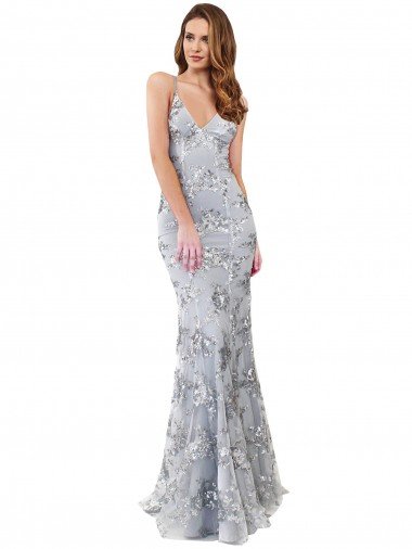 Cheapest Silver V-Neckline Backless Floral Patterned Sequin Formal Bridesmaid Dress / Prom Dress UK