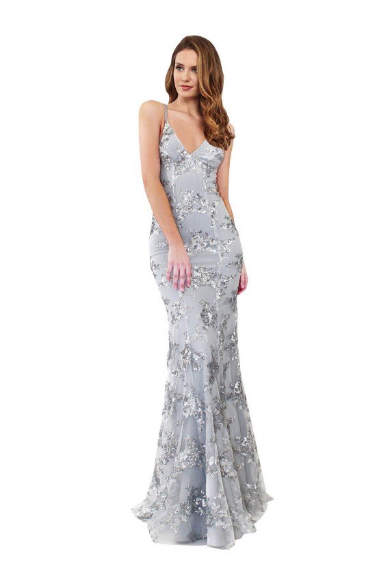 Cheapest Silver V-Neckline Backless Floral Patterned Sequin Formal Bridesmaid Dress / Prom Dress UK