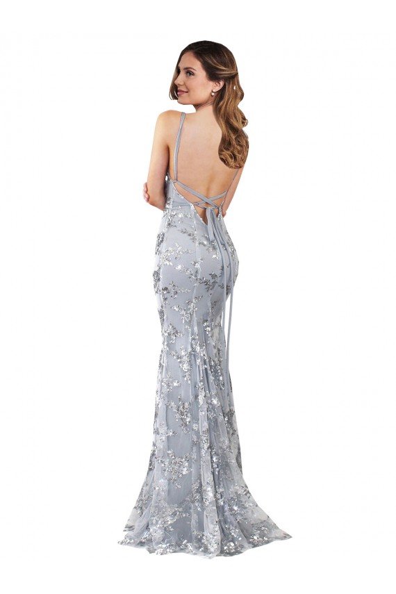 Cheapest Silver V-Neckline Backless Floral Patterned Sequin Formal Bridesmaid Dress / Prom Dress UK