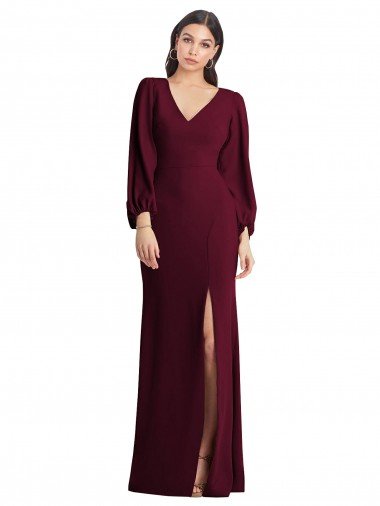 Cheapest Long Puff Sleeve V-Neck Trumpet Bridesmaid Maxi Dress UK