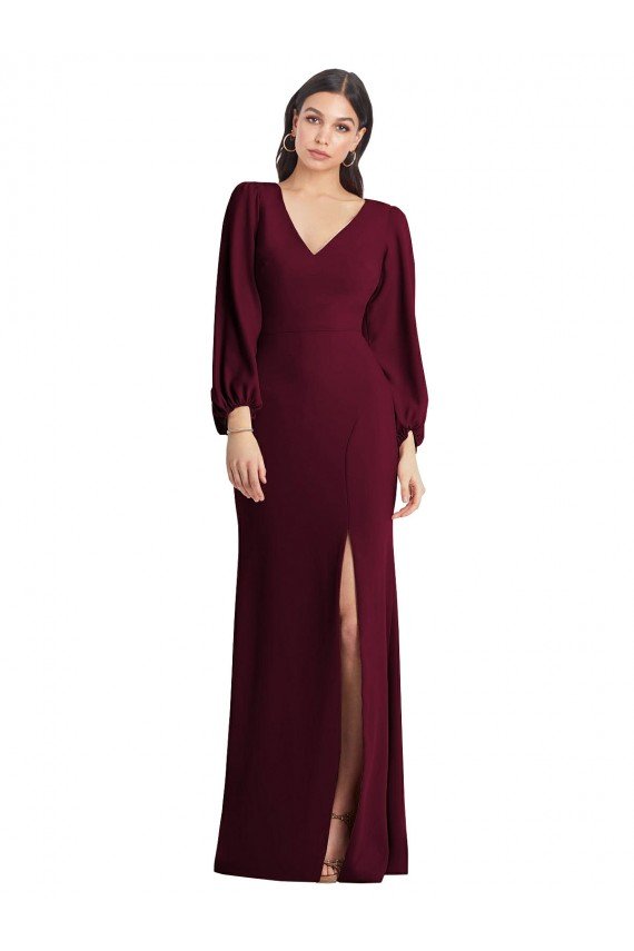 Cheapest Long Puff Sleeve V-Neck Trumpet Bridesmaid Maxi Dress UK