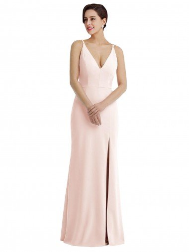 Cheapest Skinny Strap Deep V-Neck Trumpet Formal Crepe Bridesmaid Dress / Prom Dress with Front Slit UK