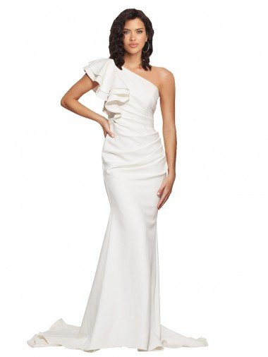 Cheapest Ruched Long Sweep Train Crepe Bridesmaid Dress / Prom Dress with Shoulder Ruffles UK
