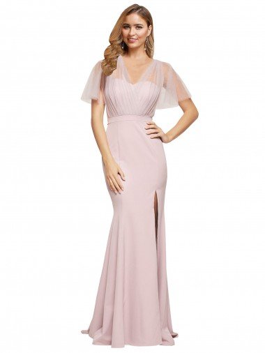 Cheapest Crepe Long Sweetheart Neckline Formal Bridesmaid Dress / Prom Dress with Tulle Overlay Shoulders UK