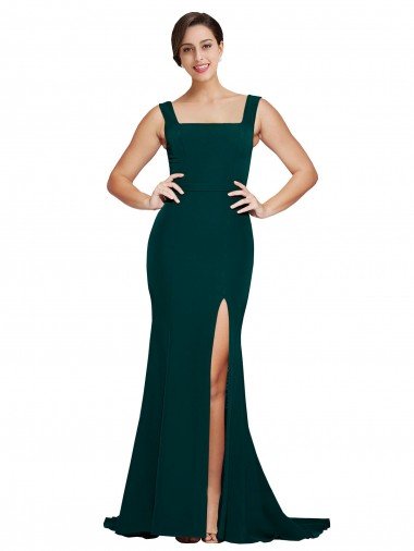 Cheapest Fitted Square Neck Long Crepe Bridesmaid Dress / Prom Dress with Train and Side Split UK