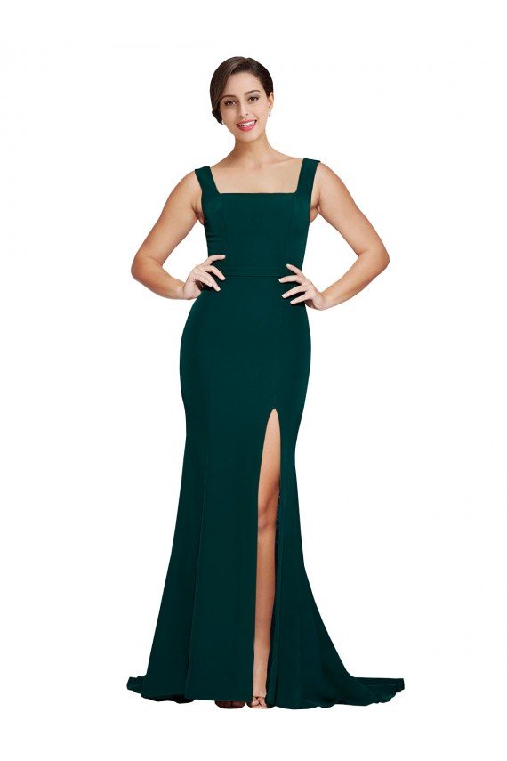 Cheapest Fitted Square Neck Long Crepe Bridesmaid Dress / Prom Dress with Train and Side Split UK