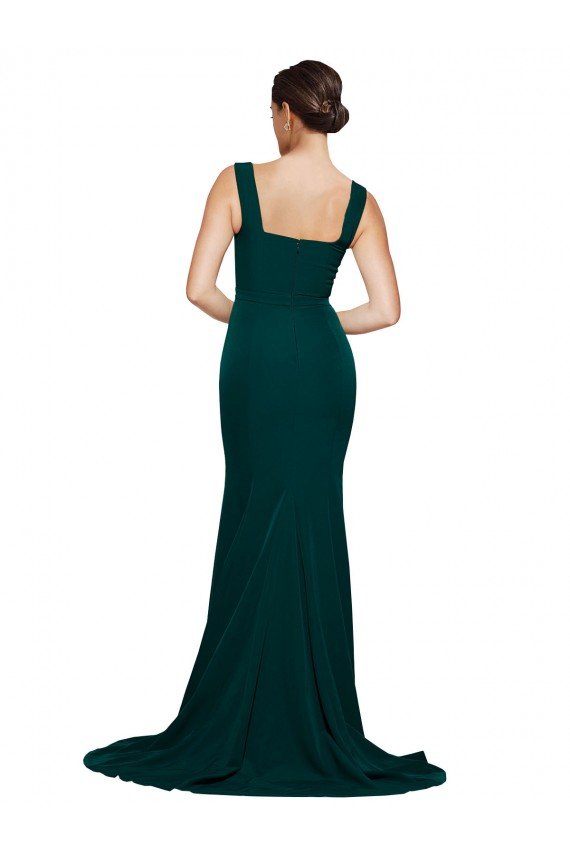 Cheapest Fitted Square Neck Long Crepe Bridesmaid Dress / Prom Dress with Train and Side Split UK