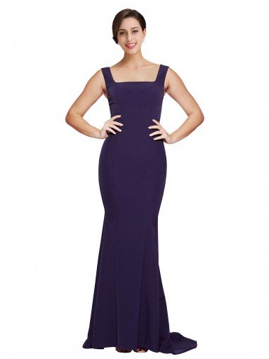 Cheapest Square Neck Long Sweep Train Crepe Bridesmaid Dress / Prom Dress with Thick Straps UK