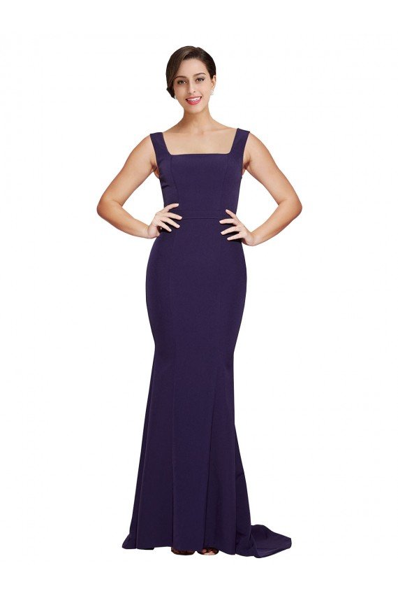 Cheapest Square Neck Long Sweep Train Crepe Bridesmaid Dress / Prom Dress with Thick Straps UK