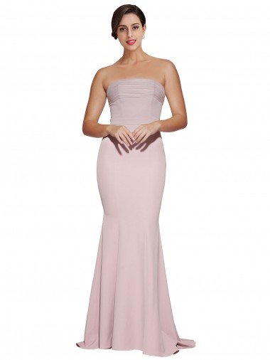 Cheapest Straight Neck Long Strapless Formal Crepe Bridesmaid Dress / Prom Dress with Soft Tulle Overlay and Small Train UK