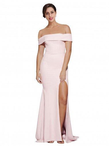 Cheapest Off Shoulder Long Formal Crepe Bridesmaid Dress / Prom Dress with Straight Neckline and Side Split UK