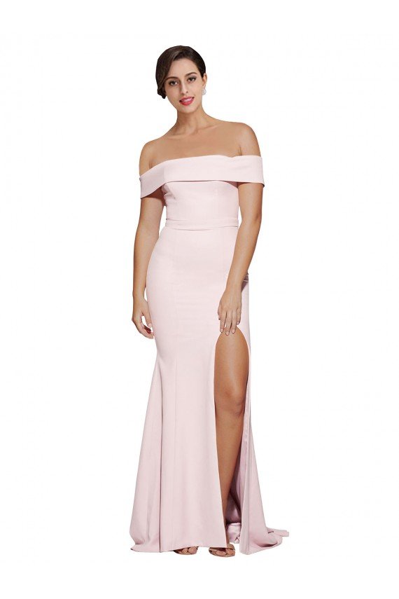 Cheapest Off Shoulder Long Formal Crepe Bridesmaid Dress / Prom Dress with Straight Neckline and Side Split UK