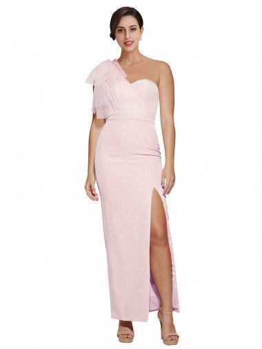 Cheapest One Shoulder Tulle Overlay Sweetheart Neckline Long Formal Crepe Bridesmaid Drss with Thigh Split UK