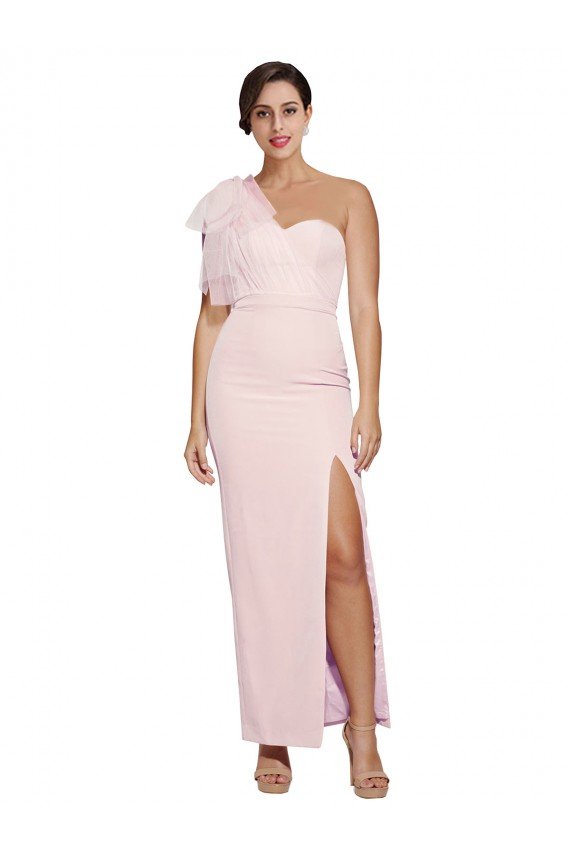 Cheapest One Shoulder Tulle Overlay Sweetheart Neckline Long Formal Crepe Bridesmaid Drss with Thigh Split UK