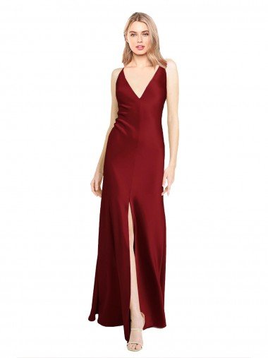 Cheapest Floor Length Deep V-Back Formal Stretch Satin Bridesmaid Dress / Prom Dress with Front Slit UK